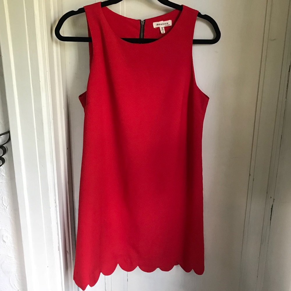 Red dress mini sleeveless scalloped hem